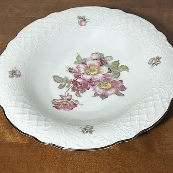 Vintage Schumann Arzberg Wild Rose Serving Dish Shallow Bowl Gold Gilded Edge - Picture 4 of 5